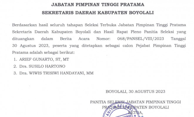 Pengumuman Hasil Akhir 3 Besar Seleksi Terbuka JPT Pratama Sekretaris Daerah Kab. Boyolali Tahun 2023